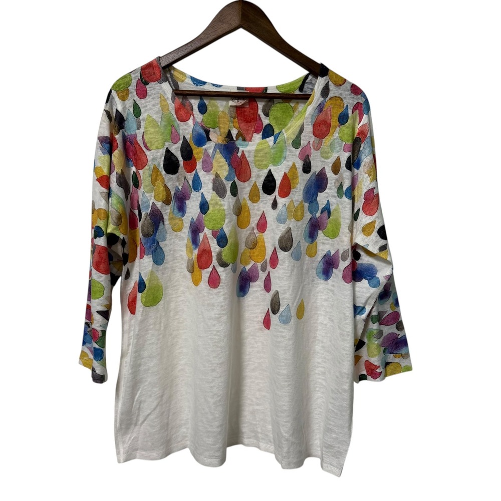 Et'Lois Top Women XL Watercolor Raindrop Print 3/4 Sleeve Art to Wear Multicolor